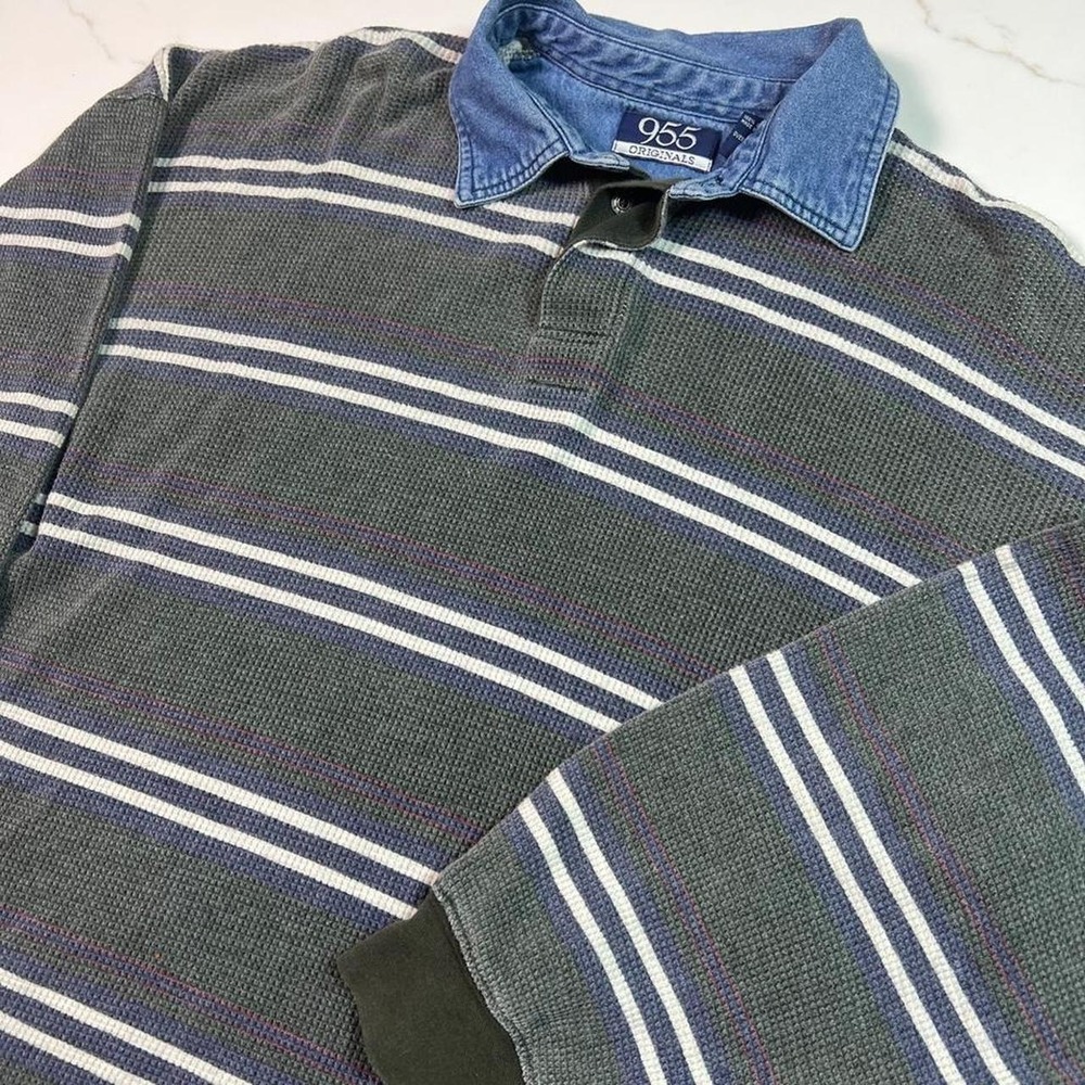 Vintage 90s gray & white striped rugby cotton long sleeve shirt
